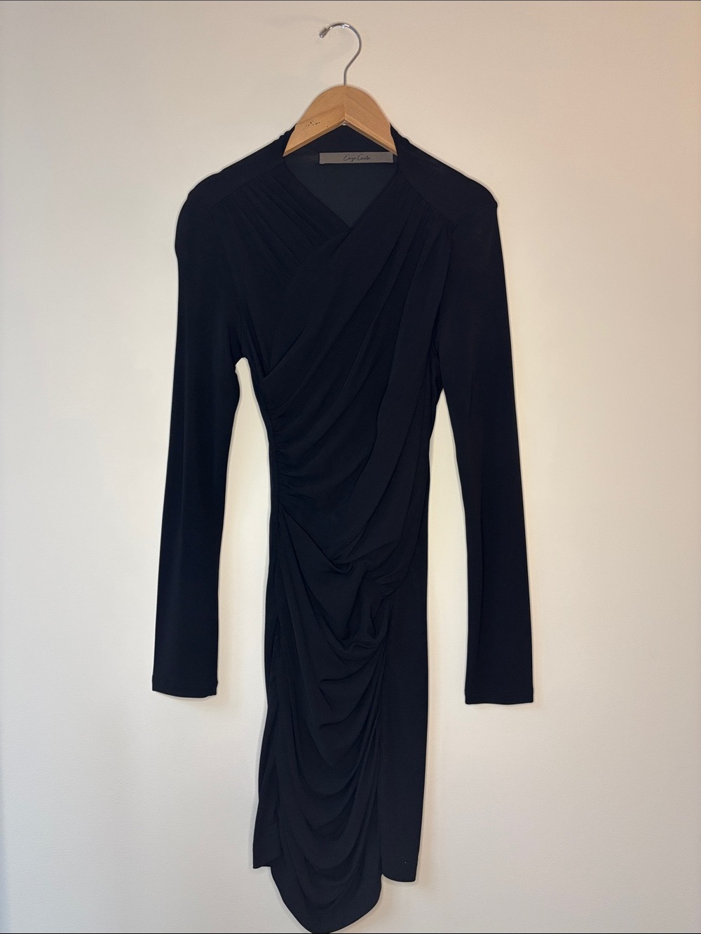 Enza Costa Black Draped Long Sleeve Midi Dress with Gathered Detail